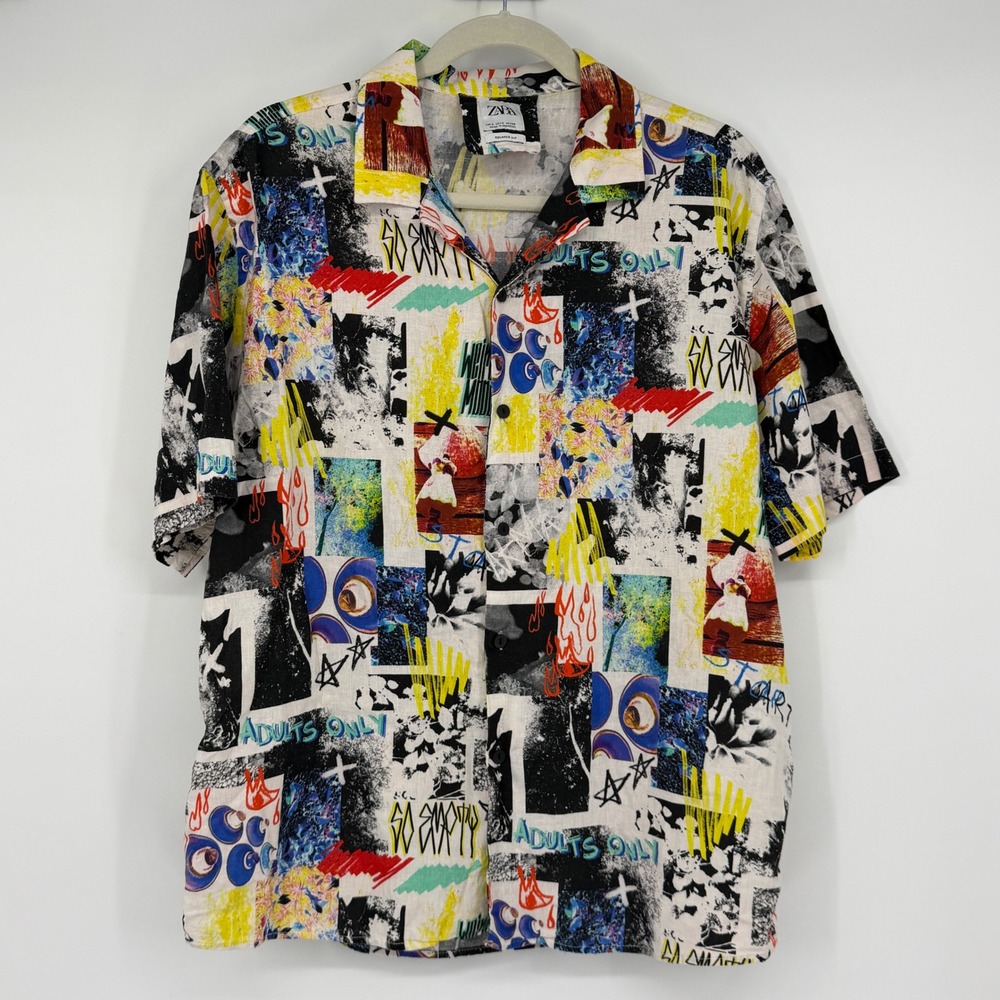 Zara Men Small Graffiti Abstract Print Linen Blend Camp Shirt Adults Only